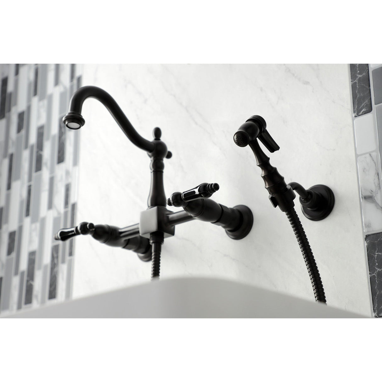 Duchess KS1265PKLBS Two-Handle 2-Hole Wall Mount Bridge Kitchen Faucet with Brass Sprayer, Oil Rubbed Bronze