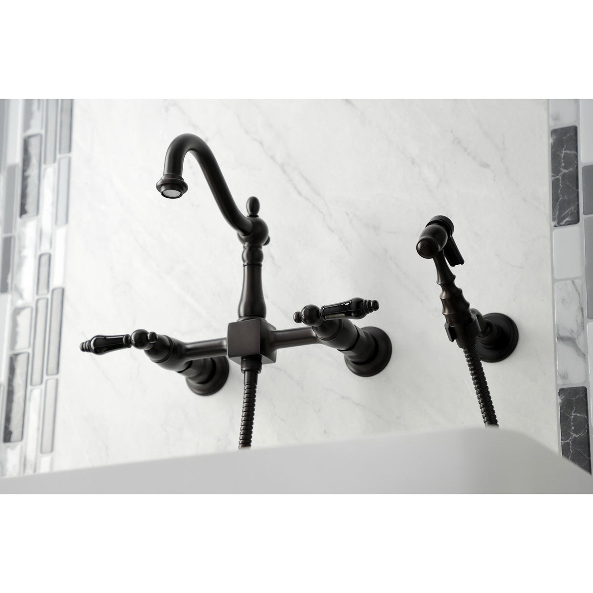 Duchess KS1265PKLBS Two-Handle 2-Hole Wall Mount Bridge Kitchen Faucet with Brass Sprayer, Oil Rubbed Bronze
