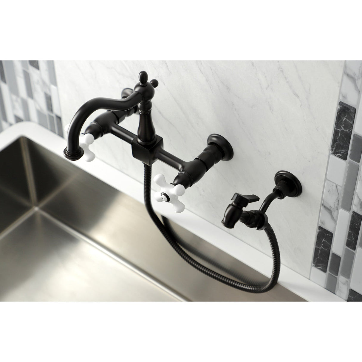 Heritage KS1265PXBS Two-Handle 2-Hole Wall Mount Bridge Kitchen Faucet with Brass Sprayer, Oil Rubbed Bronze