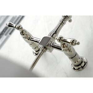 Heritage KS1266ALBS Two-Handle 2-Hole Wall Mount Bridge Kitchen Faucet with Brass Sprayer, Polished Nickel