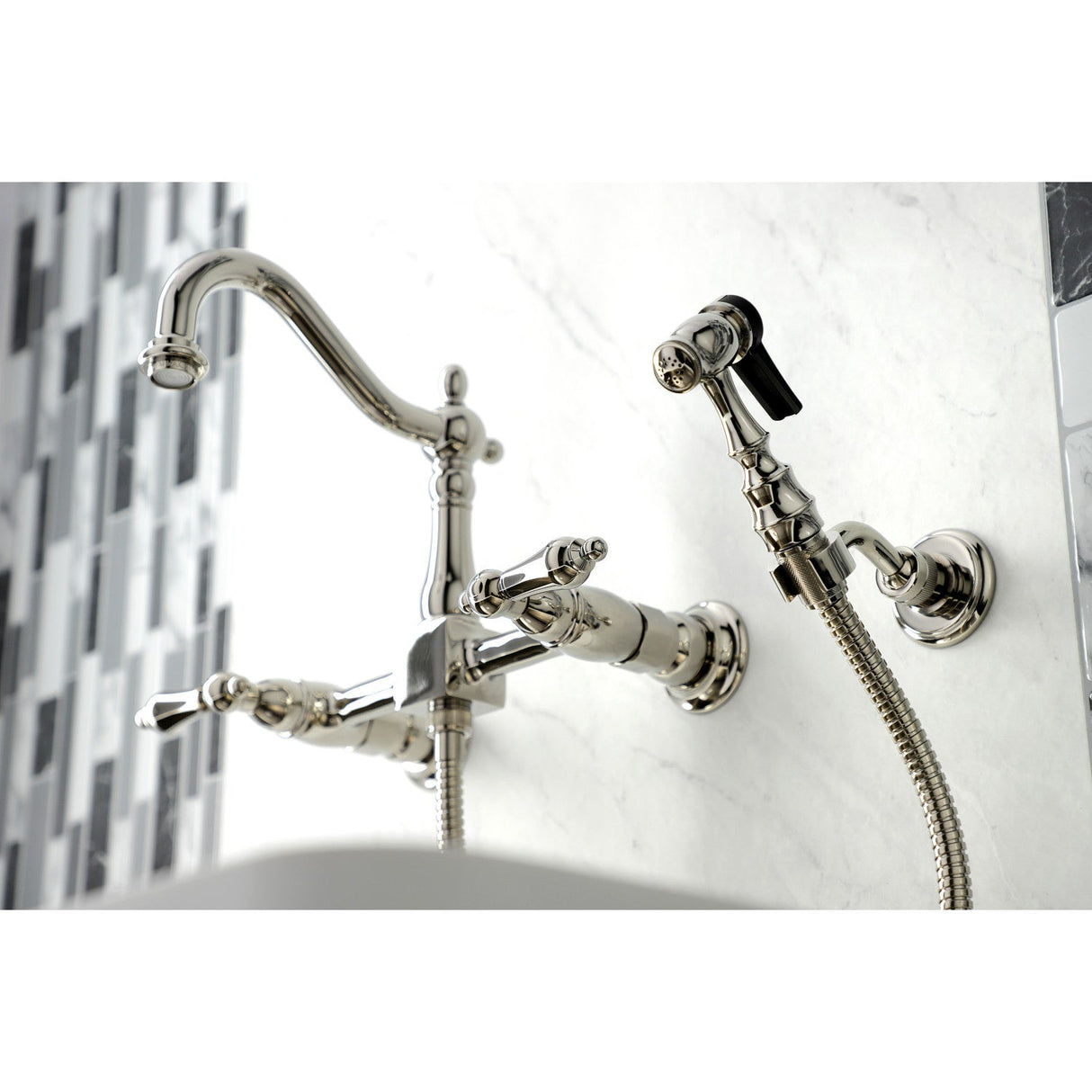Heritage KS1266ALBS Two-Handle 2-Hole Wall Mount Bridge Kitchen Faucet with Brass Sprayer, Polished Nickel