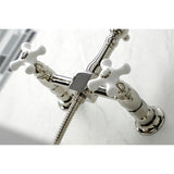 Heritage KS1266PXBS Two-Handle 2-Hole Wall Mount Bridge Kitchen Faucet with Brass Sprayer, Polished Nickel