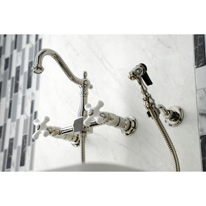 Heritage KS1266PXBS Two-Handle 2-Hole Wall Mount Bridge Kitchen Faucet with Brass Sprayer, Polished Nickel