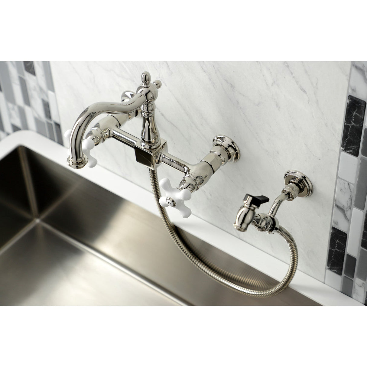 Heritage KS1266PXBS Two-Handle 2-Hole Wall Mount Bridge Kitchen Faucet with Brass Sprayer, Polished Nickel