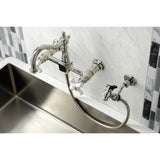 Heritage KS1266PXBS Two-Handle 2-Hole Wall Mount Bridge Kitchen Faucet with Brass Sprayer, Polished Nickel