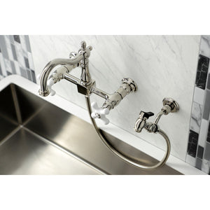 Heritage KS1266PXBS Two-Handle 2-Hole Wall Mount Bridge Kitchen Faucet with Brass Sprayer, Polished Nickel