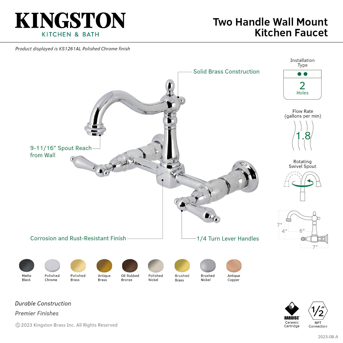 Heritage KS1267AL Two-Handle 2-Hole Wall Mount Kitchen Faucet, Brushed Brass