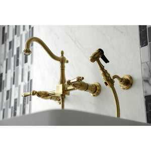 Heritage KS1267ALBS Two-Handle 2-Hole Wall Mount Bridge Kitchen Faucet with Brass Sprayer, Brushed Brass