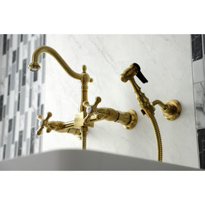 Heritage KS1267AXBS Two-Handle 2-Hole Wall Mount Bridge Kitchen Faucet with Brass Sprayer, Brushed Brass