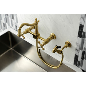 Heritage KS1267AXBS Two-Handle 2-Hole Wall Mount Bridge Kitchen Faucet with Brass Sprayer, Brushed Brass