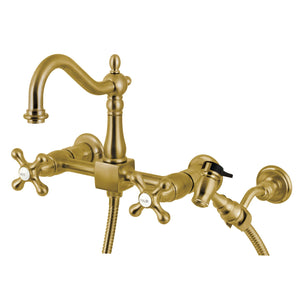 Heritage KS1267AXBS Two-Handle 2-Hole Wall Mount Bridge Kitchen Faucet with Brass Sprayer, Brushed Brass