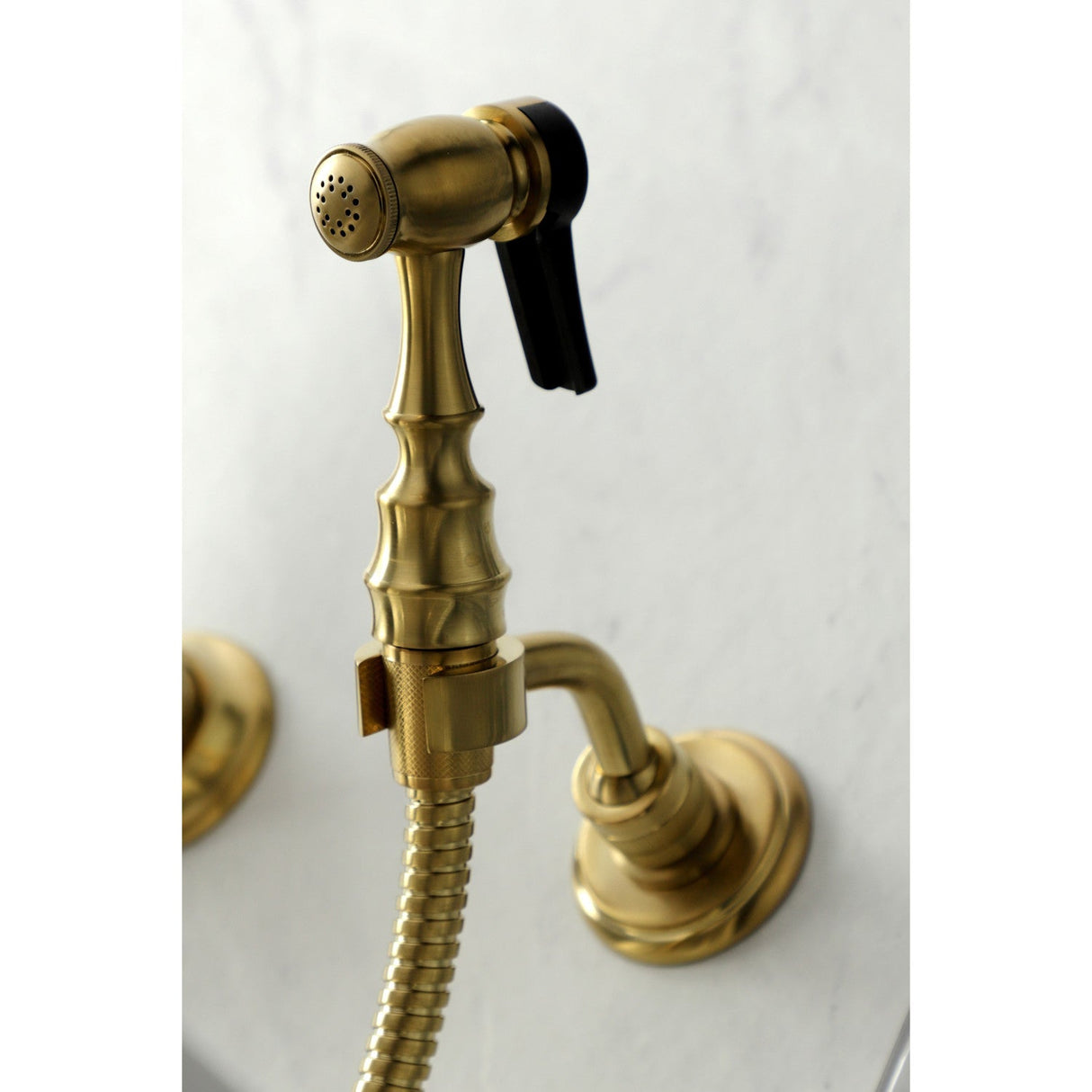 Duchess KS1267PKLBS Two-Handle 2-Hole Wall Mount Bridge Kitchen Faucet with Brass Sprayer, Brushed Brass