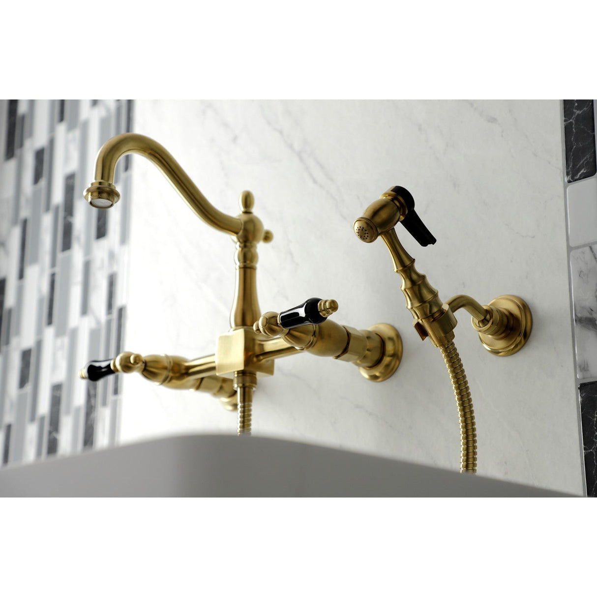 Duchess KS1267PKLBS Two-Handle 2-Hole Wall Mount Bridge Kitchen Faucet with Brass Sprayer, Brushed Brass