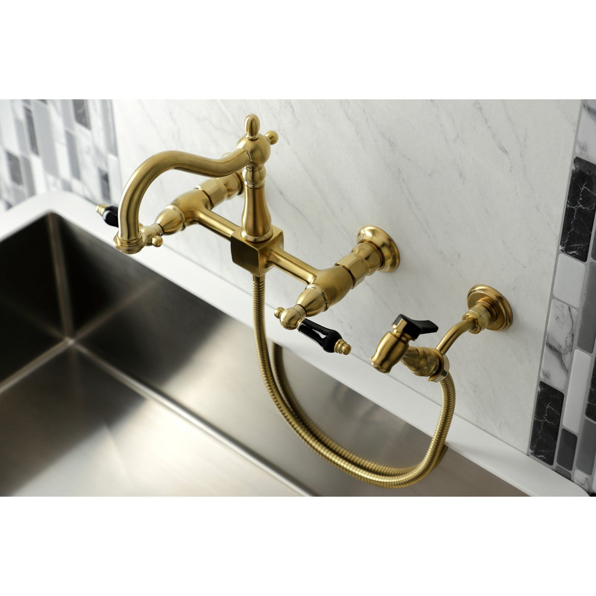 Duchess KS1267PKLBS Two-Handle 2-Hole Wall Mount Bridge Kitchen Faucet with Brass Sprayer, Brushed Brass