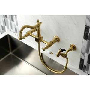 Heritage KS1267PLBS Two-Handle 2-Hole Wall Mount Bridge Kitchen Faucet with Brass Sprayer, Brushed Brass