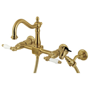 Heritage KS1267PLBS Two-Handle 2-Hole Wall Mount Bridge Kitchen Faucet with Brass Sprayer, Brushed Brass