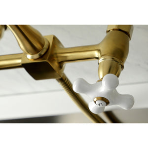 Heritage KS1267PXBS Two-Handle 2-Hole Wall Mount Bridge Kitchen Faucet with Brass Sprayer, Brushed Brass