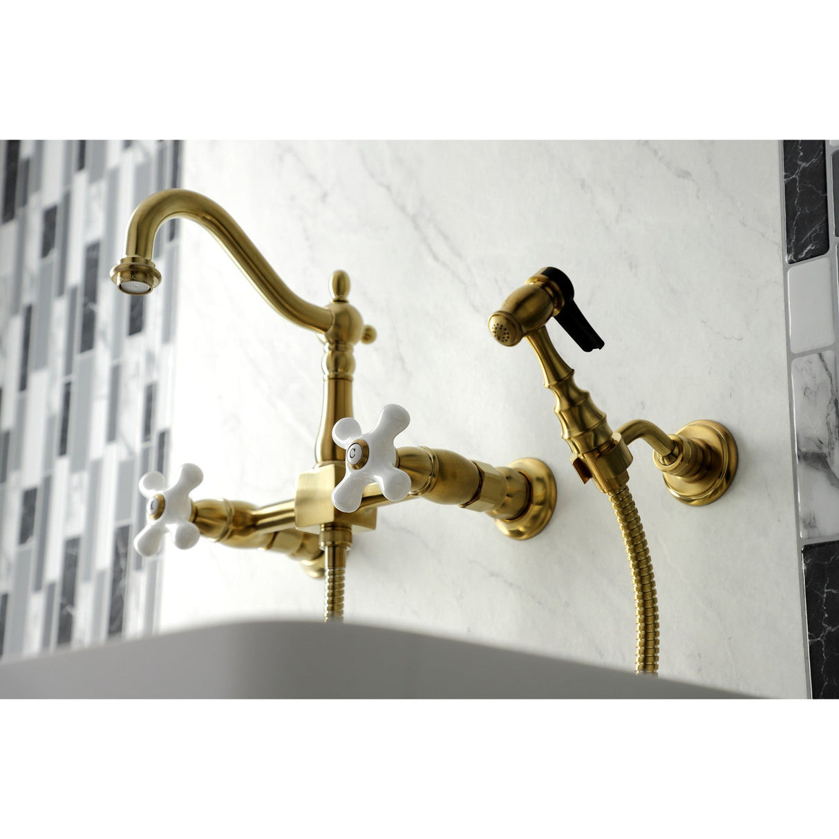 Heritage KS1267PXBS Two-Handle 2-Hole Wall Mount Bridge Kitchen Faucet with Brass Sprayer, Brushed Brass