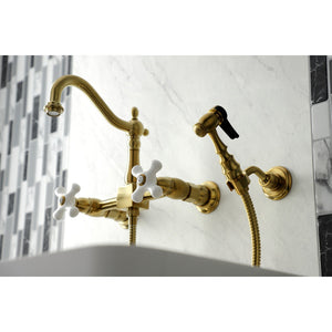 Heritage KS1267PXBS Two-Handle 2-Hole Wall Mount Bridge Kitchen Faucet with Brass Sprayer, Brushed Brass