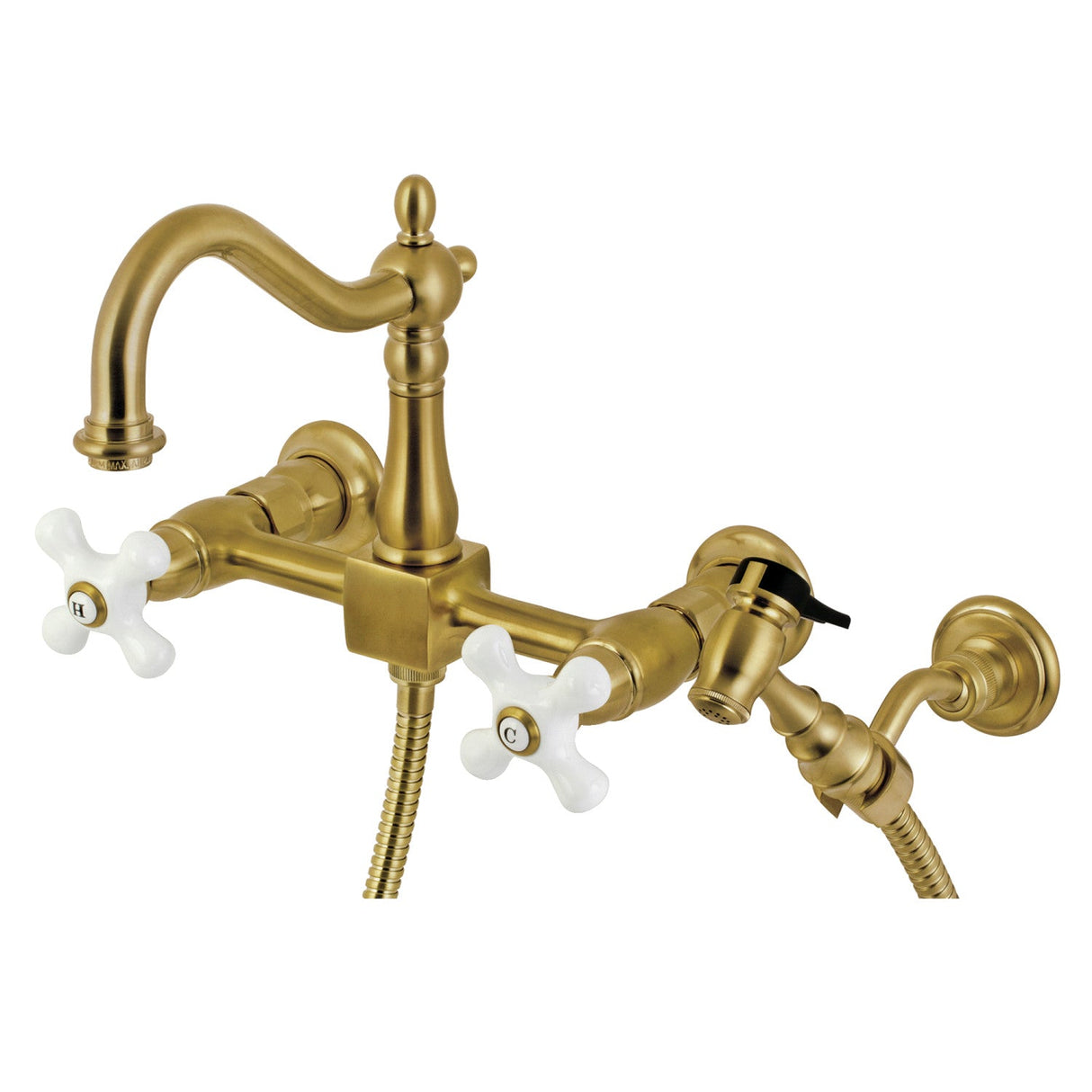 Heritage KS1267PXBS Two-Handle 2-Hole Wall Mount Bridge Kitchen Faucet with Brass Sprayer, Brushed Brass