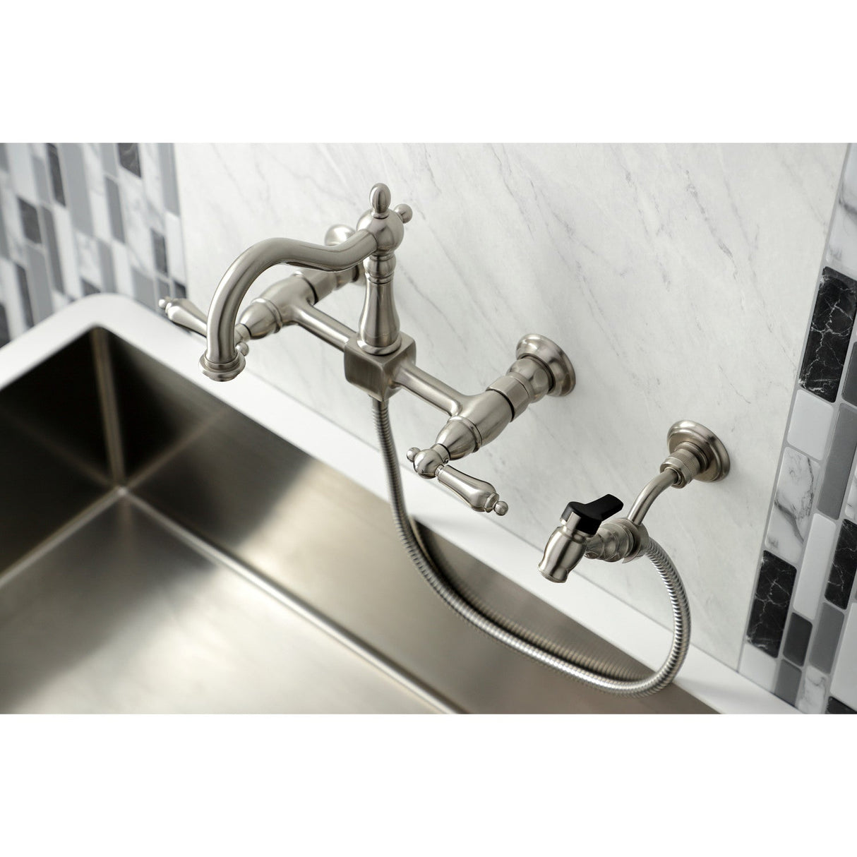 Heritage KS1268ALBS Two-Handle 2-Hole Wall Mount Bridge Kitchen Faucet with Brass Sprayer, Brushed Nickel