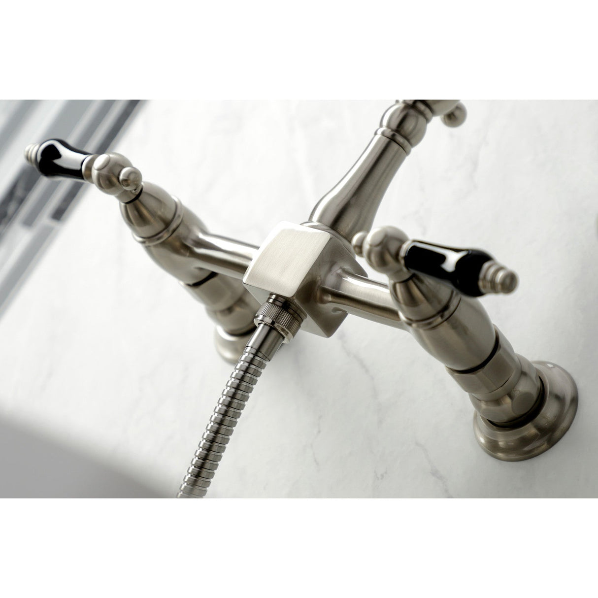 Duchess KS1268PKLBS Two-Handle 2-Hole Wall Mount Bridge Kitchen Faucet with Brass Sprayer, Brushed Nickel