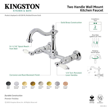 Heritage KS1268PL Two-Handle 2-Hole Wall Mount Kitchen Faucet, Brushed Nickel