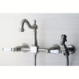 Heritage KS1268PLBS Two-Handle 2-Hole Wall Mount Bridge Kitchen Faucet with Brass Sprayer, Brushed Nickel