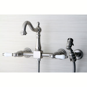 Heritage KS1268PLBS Two-Handle 2-Hole Wall Mount Bridge Kitchen Faucet with Brass Sprayer, Brushed Nickel