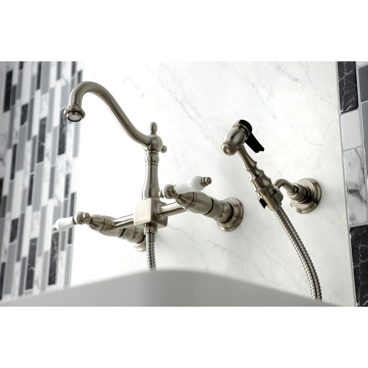 Heritage KS1268PLBS Two-Handle 2-Hole Wall Mount Bridge Kitchen Faucet with Brass Sprayer, Brushed Nickel