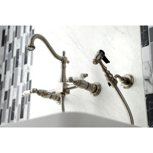 Heritage KS1268PLBS Two-Handle 2-Hole Wall Mount Bridge Kitchen Faucet with Brass Sprayer, Brushed Nickel