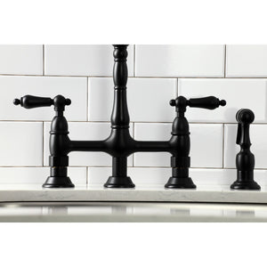 Heritage KS1270ALBS Two-Handle 4-Hole Deck Mount Bridge Kitchen Faucet with Brass Sprayer, Matte Black