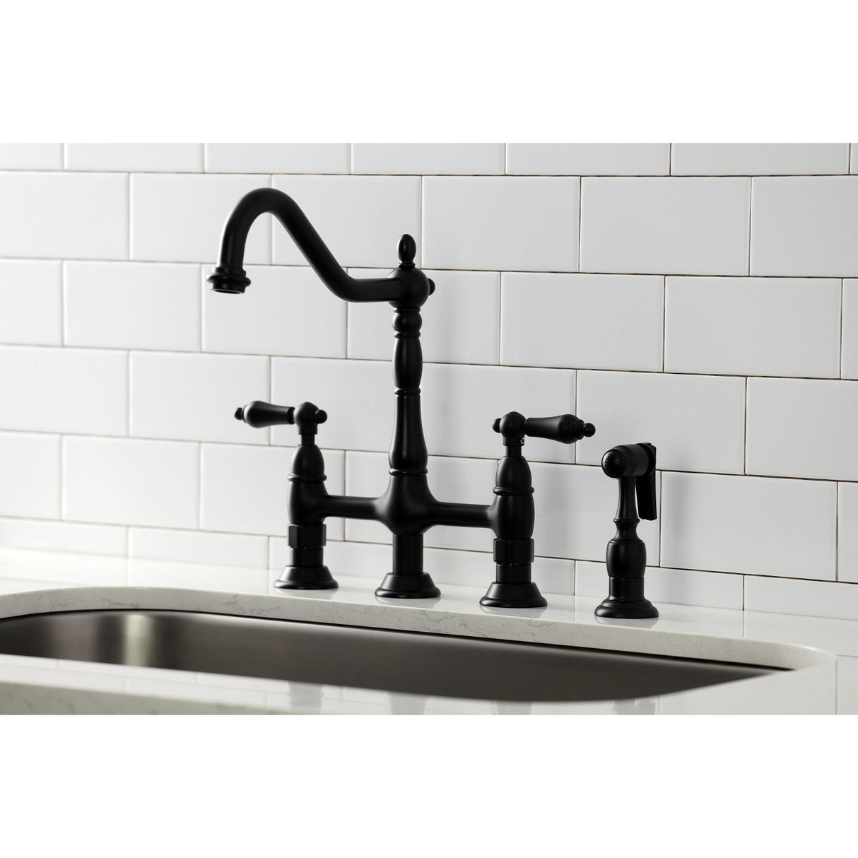 Heritage KS1270ALBS Two-Handle 4-Hole Deck Mount Bridge Kitchen Faucet with Brass Sprayer, Matte Black