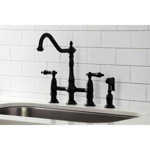 Heritage KS1270ALBS Two-Handle 4-Hole Deck Mount Bridge Kitchen Faucet with Brass Sprayer, Matte Black