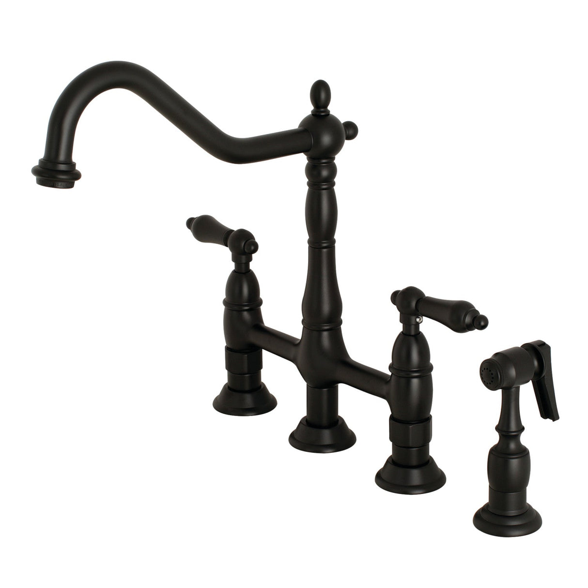 Heritage KS1270ALBS Two-Handle 4-Hole Deck Mount Bridge Kitchen Faucet with Brass Sprayer, Matte Black