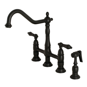 Heritage KS1270ALBS Two-Handle 4-Hole Deck Mount Bridge Kitchen Faucet with Brass Sprayer, Matte Black