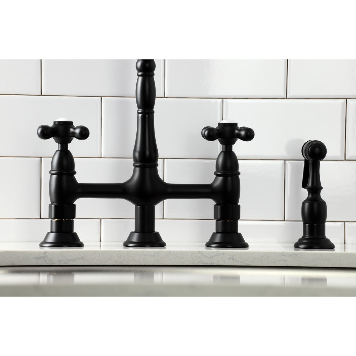 Heritage KS1270AXBS Two-Handle 4-Hole Deck Mount Bridge Kitchen Faucet with Brass Sprayer, Matte Black