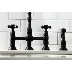 Heritage KS1270AXBS Two-Handle 4-Hole Deck Mount Bridge Kitchen Faucet with Brass Sprayer, Matte Black