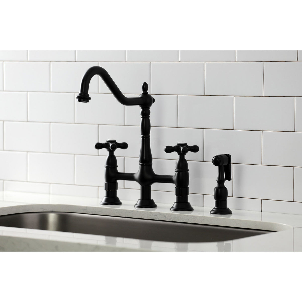 Heritage KS1270AXBS Two-Handle 4-Hole Deck Mount Bridge Kitchen Faucet with Brass Sprayer, Matte Black