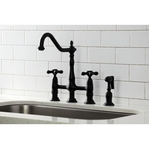 Heritage KS1270AXBS Two-Handle 4-Hole Deck Mount Bridge Kitchen Faucet with Brass Sprayer, Matte Black