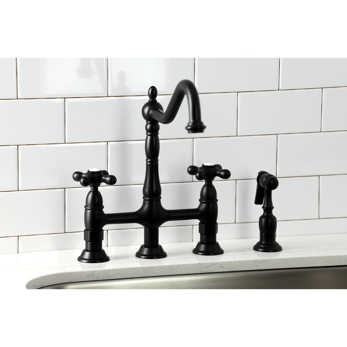 Heritage KS1270AXBS Two-Handle 4-Hole Deck Mount Bridge Kitchen Faucet with Brass Sprayer, Matte Black