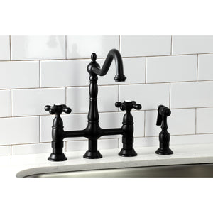 Heritage KS1270AXBS Two-Handle 4-Hole Deck Mount Bridge Kitchen Faucet with Brass Sprayer, Matte Black