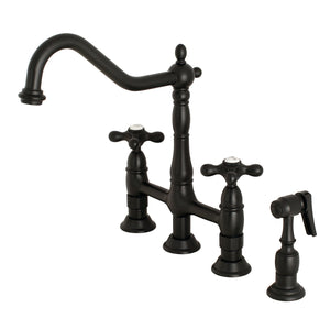 Heritage KS1270AXBS Two-Handle 4-Hole Deck Mount Bridge Kitchen Faucet with Brass Sprayer, Matte Black