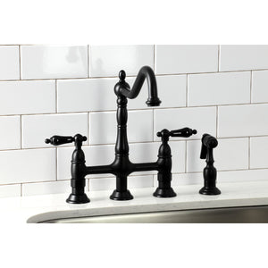 Duchess KS1270PKLBS Two-Handle 4-Hole Deck Mount Bridge Kitchen Faucet with Brass Sprayer, Matte Black