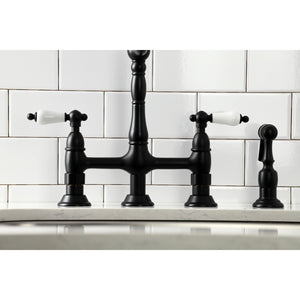 Heritage KS1270PLBS Two-Handle 4-Hole Deck Mount Bridge Kitchen Faucet with Brass Sprayer, Matte Black