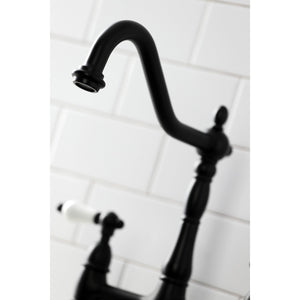 Heritage KS1270PLBS Two-Handle 4-Hole Deck Mount Bridge Kitchen Faucet with Brass Sprayer, Matte Black