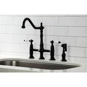 Heritage KS1270PLBS Two-Handle 4-Hole Deck Mount Bridge Kitchen Faucet with Brass Sprayer, Matte Black