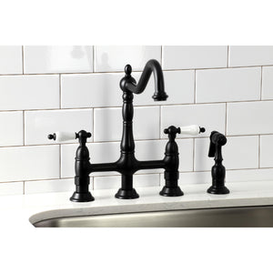 Heritage KS1270PLBS Two-Handle 4-Hole Deck Mount Bridge Kitchen Faucet with Brass Sprayer, Matte Black