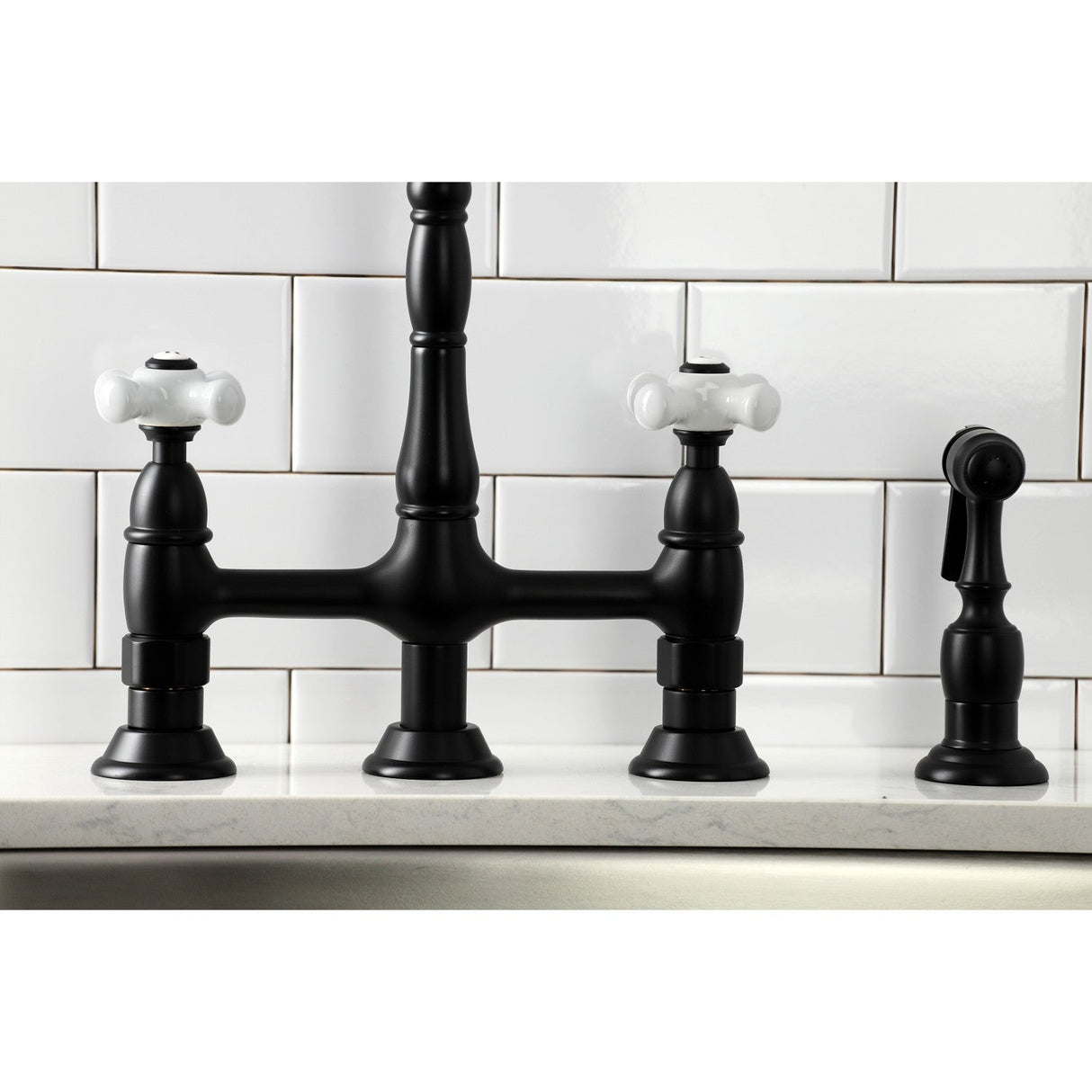 Heritage KS1270PXBS Two-Handle 4-Hole Deck Mount Bridge Kitchen Faucet with Brass Sprayer, Matte Black