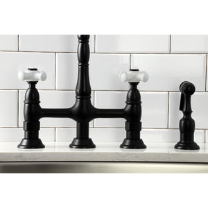 Heritage KS1270PXBS Two-Handle 4-Hole Deck Mount Bridge Kitchen Faucet with Brass Sprayer, Matte Black